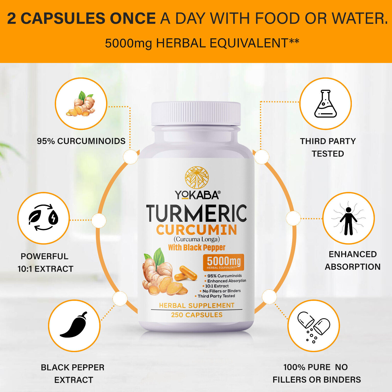 250 Capsules Turmeric Curcumin 5000mg Herbal Extract with BioPerine by YOKABA - Image 3